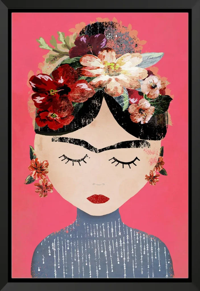 Tableau toile encadré d'un portrait de Frida Kahlo avec une couronne de fleurs sur la tête