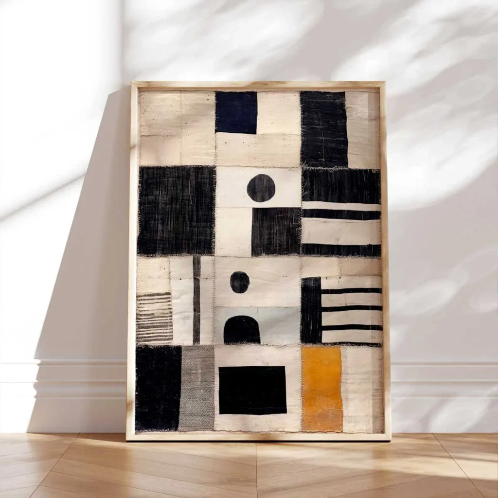 Tableau Motif Patchwork - Assemblage géométrique noir et beige