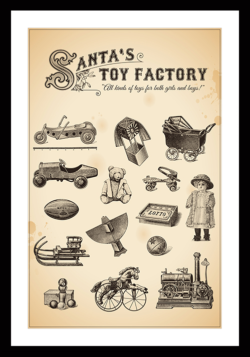 Image vintage santa's toy factory, pensez au cadeau personnalisé
