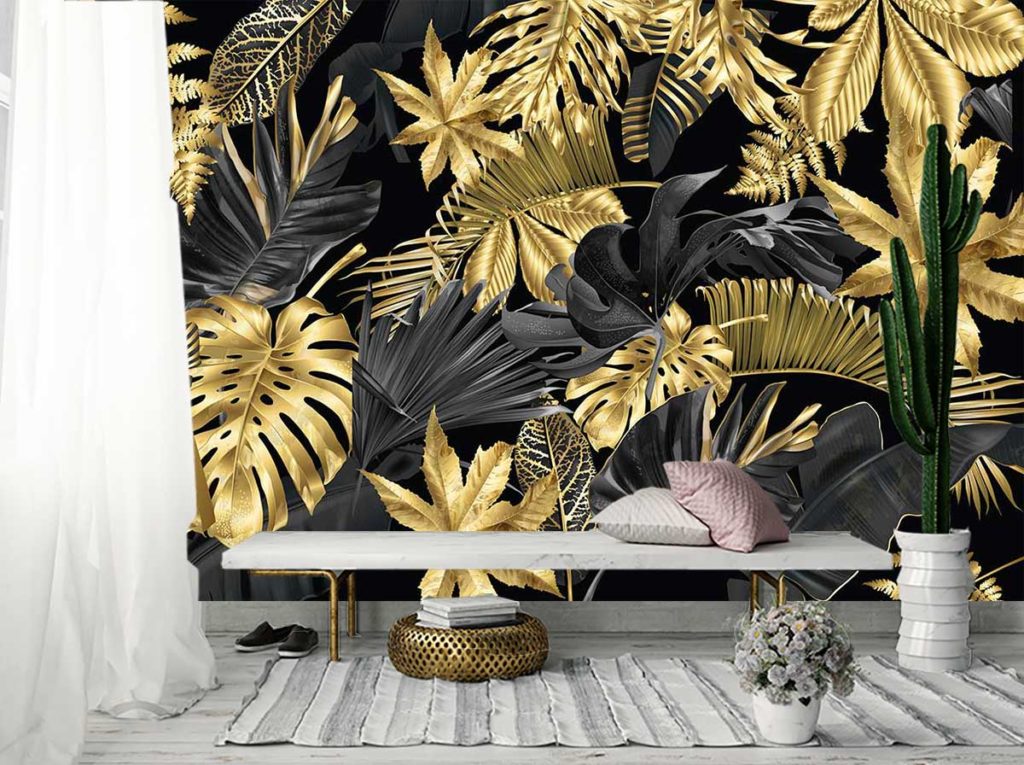 Papier peint jungle palmes et feuille dorées