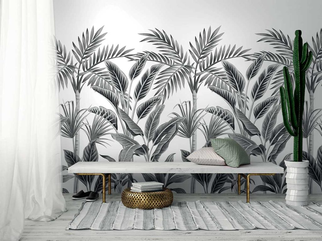 Papier peint en rouleau panoramique décor jungle noir et blanc