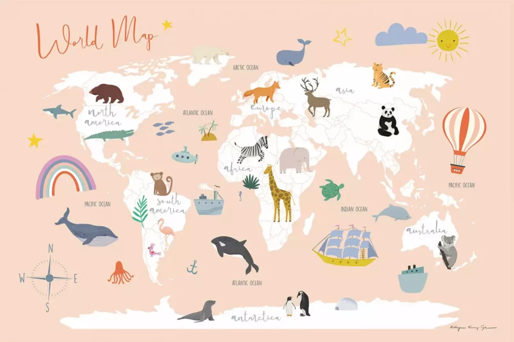Carte du monde exploration avec des dessins d'animaux pour enfant