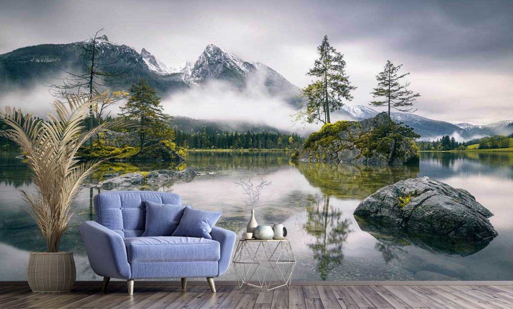 Papier peint 3D paysage. Photographie XXL d'un lac et des sommets enneigés.