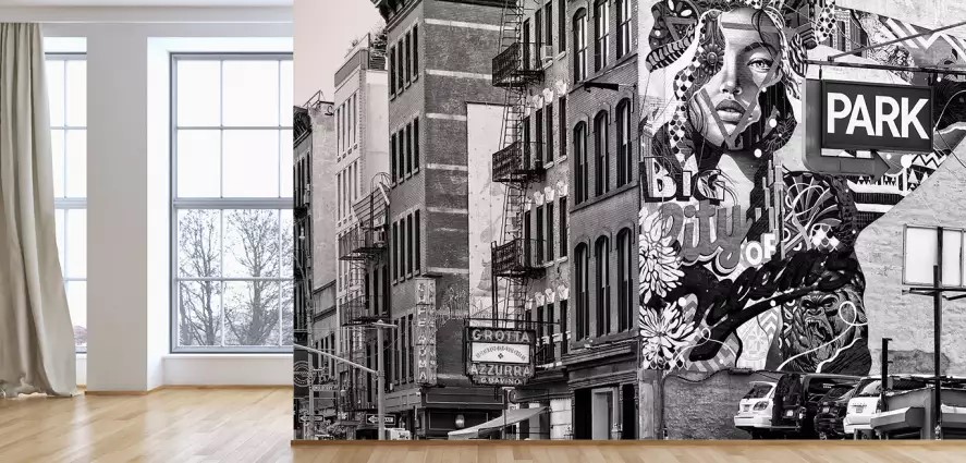 Papier peint panoramique à partir d'une photo de rue du graff de Tristan Eaton à New York.