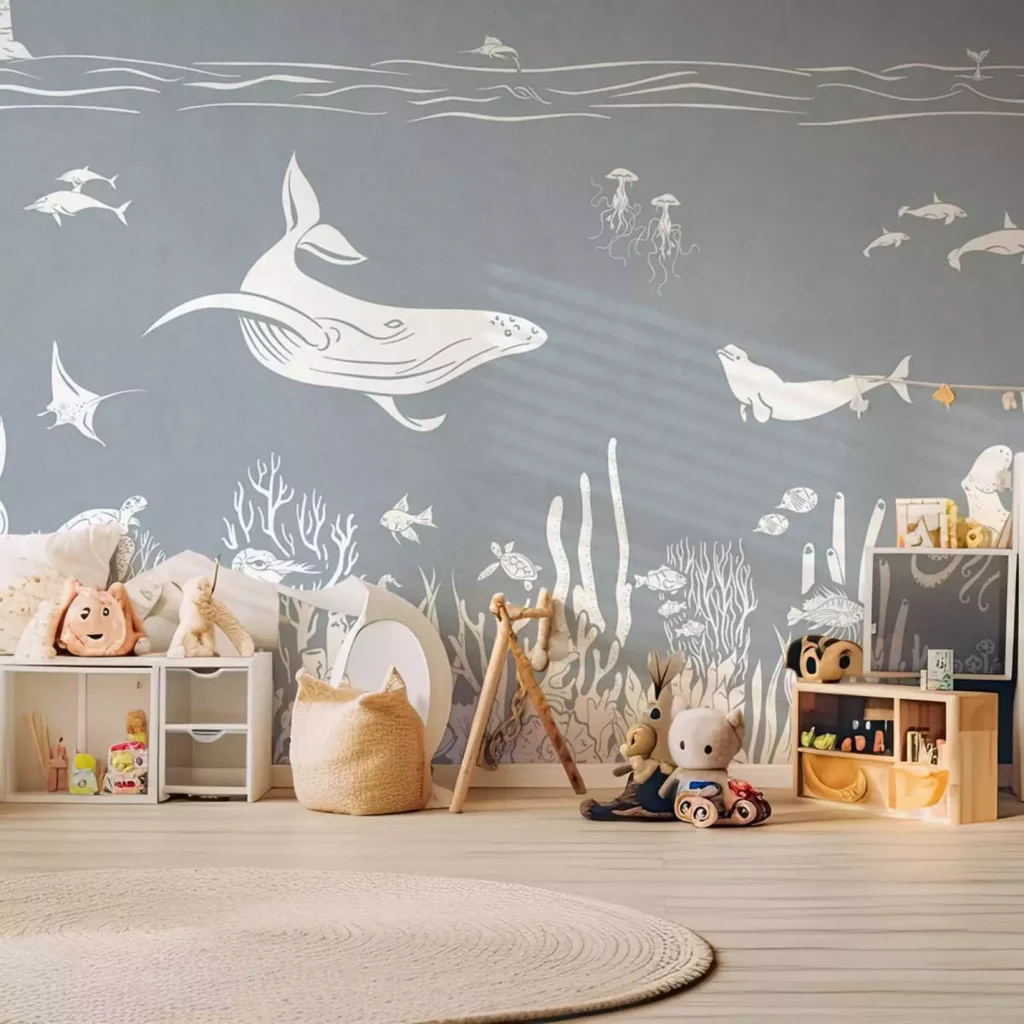 Papier peint enfant Baleine dans les tons gris bleu