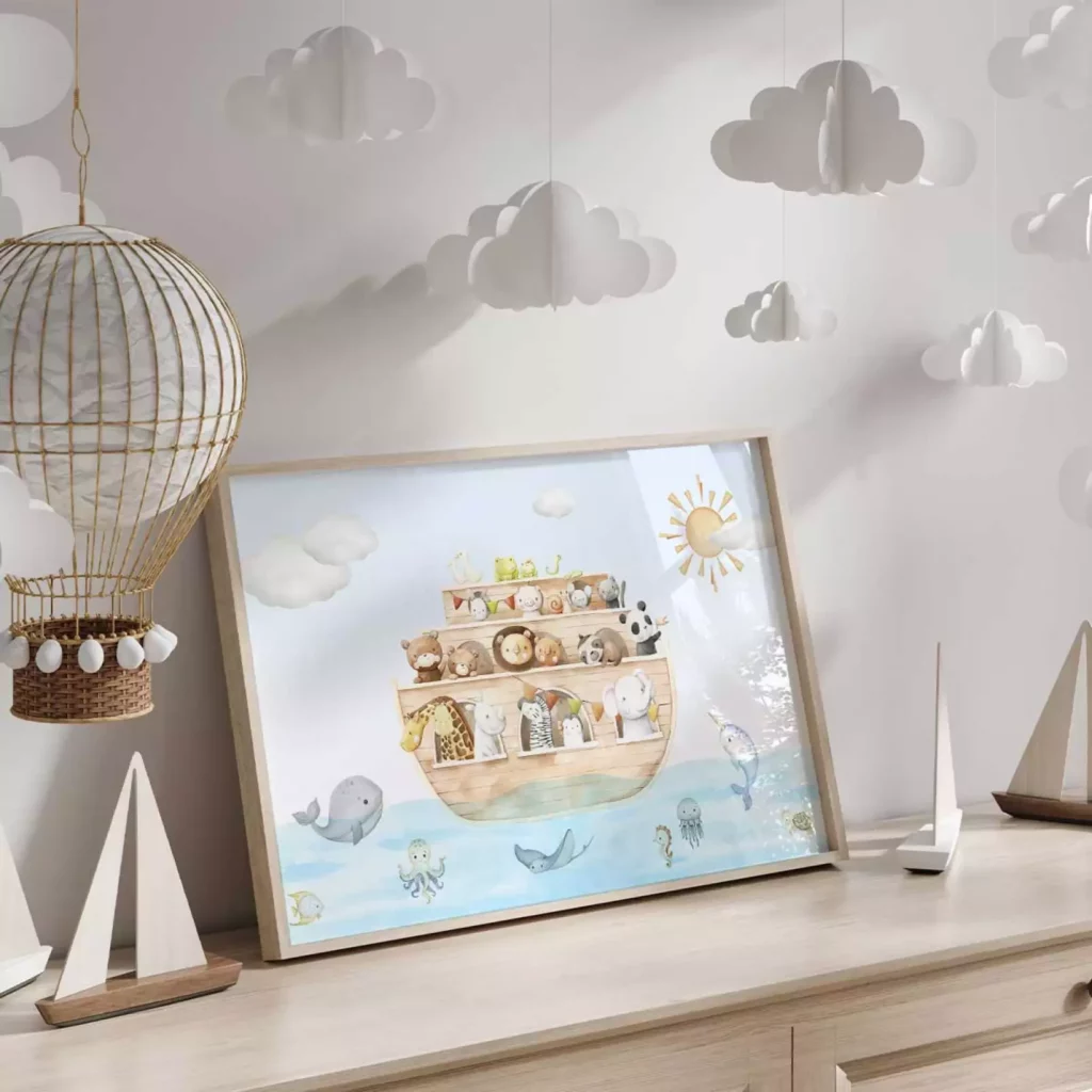 Affiche dans cadre en bois naturel Illustration Arche de Noé pour les petits