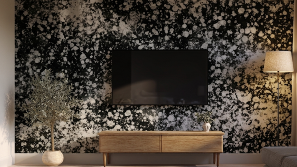 Papier peint derrière TV noir et blanc design pour réduire contraste écran et créer un mur immersif dans le salon
