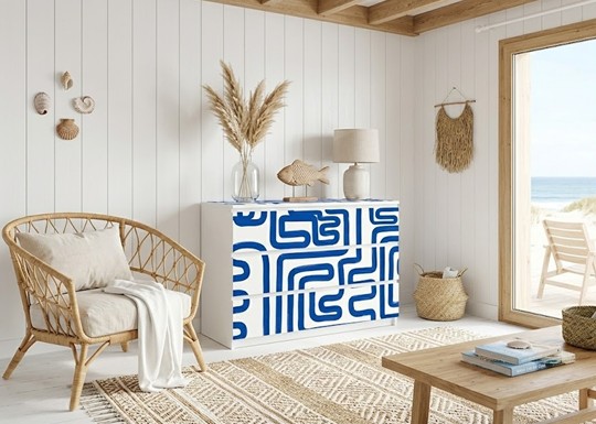 Commode Ikea Malm relookée avec le papier peint Laby blue Hexoa®