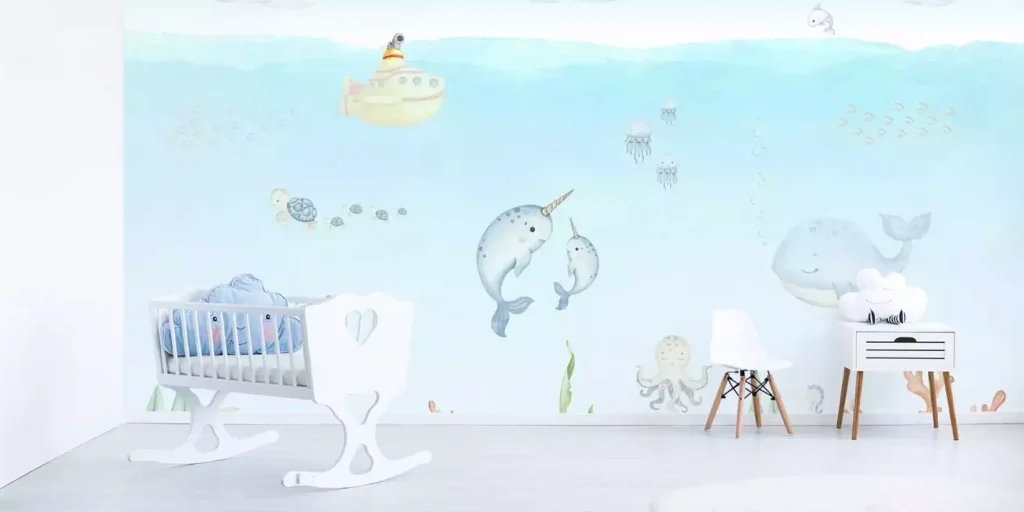 Papier peint vie sous-marine aux teintes bleu pastel avec animaux marins illustrés