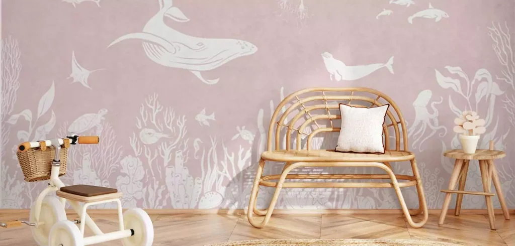 Papier peint rose pastel avec des baleines